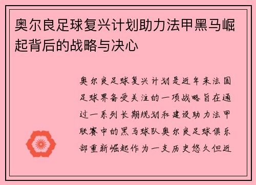 奥尔良足球复兴计划助力法甲黑马崛起背后的战略与决心